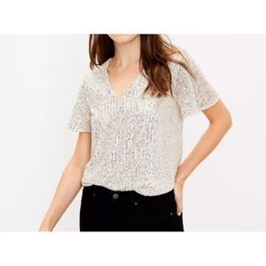 LOFT Champagne Sequin Flutter Top V-Neck Short Sleeve Lined Blouse Size M NWT